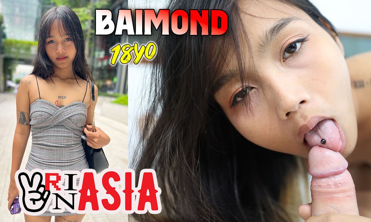 Thai model Baimond performs a close up POV blowjob in an interracial VR scene with punk styling and 4K resolution.