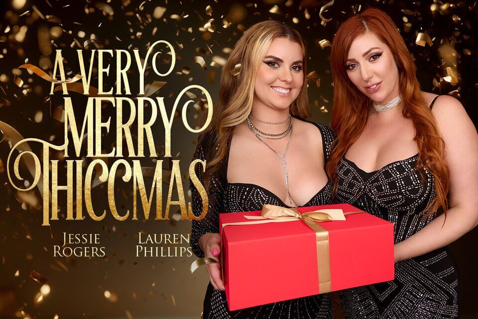 Jessie Rogers and Lauren Phillips perform vaginal sex and blowjobs in a VR Christmas POV scene produced by BadoinkVR
