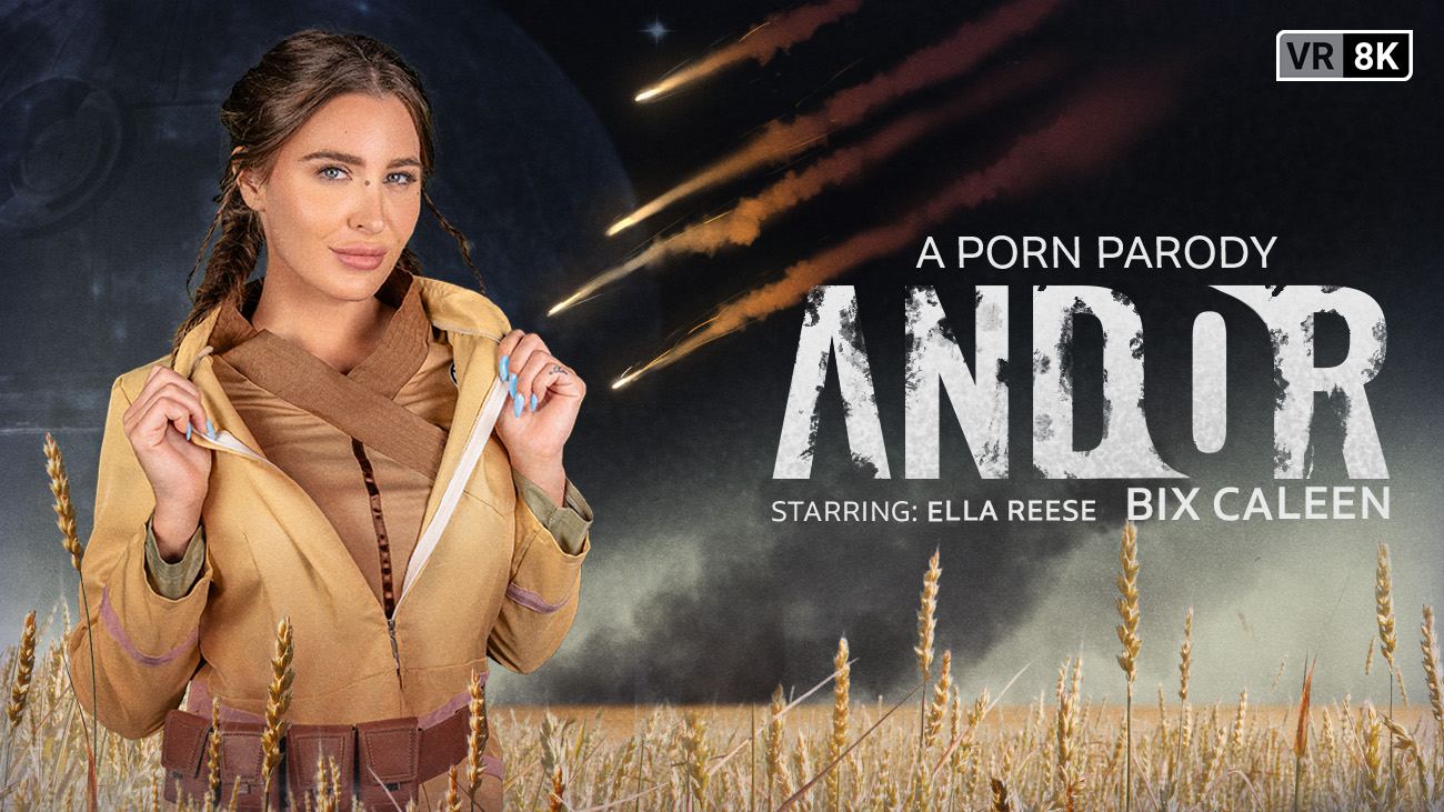 Ella Reese performs oral sex and intercourse in a VR Conk parody of Andor filmed in 60 FPS with close-up shots.