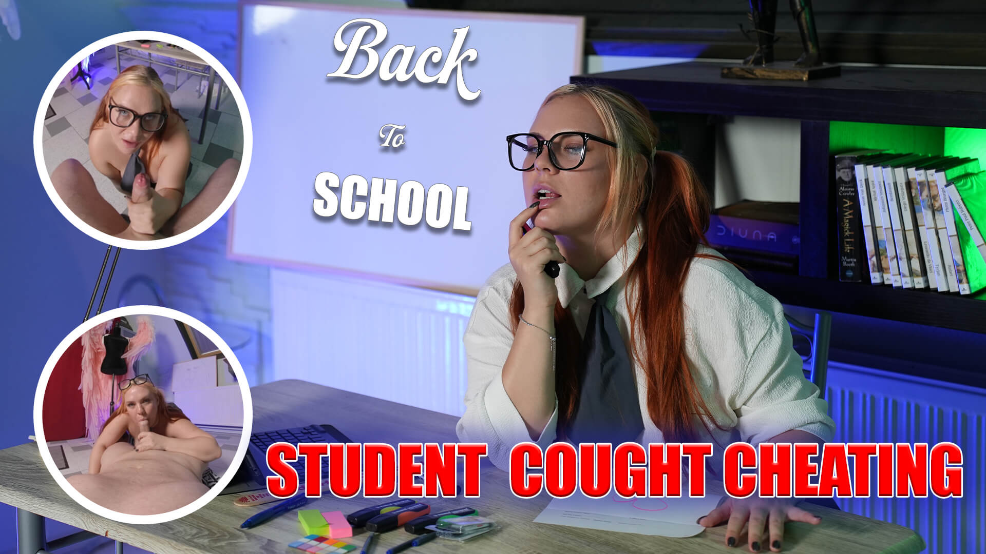 Sabien DeMonia and Anja Amelia perform oral sex and intercourse in a classroom roleplay scene captured in SkyHighVR 8K 60fps POV.