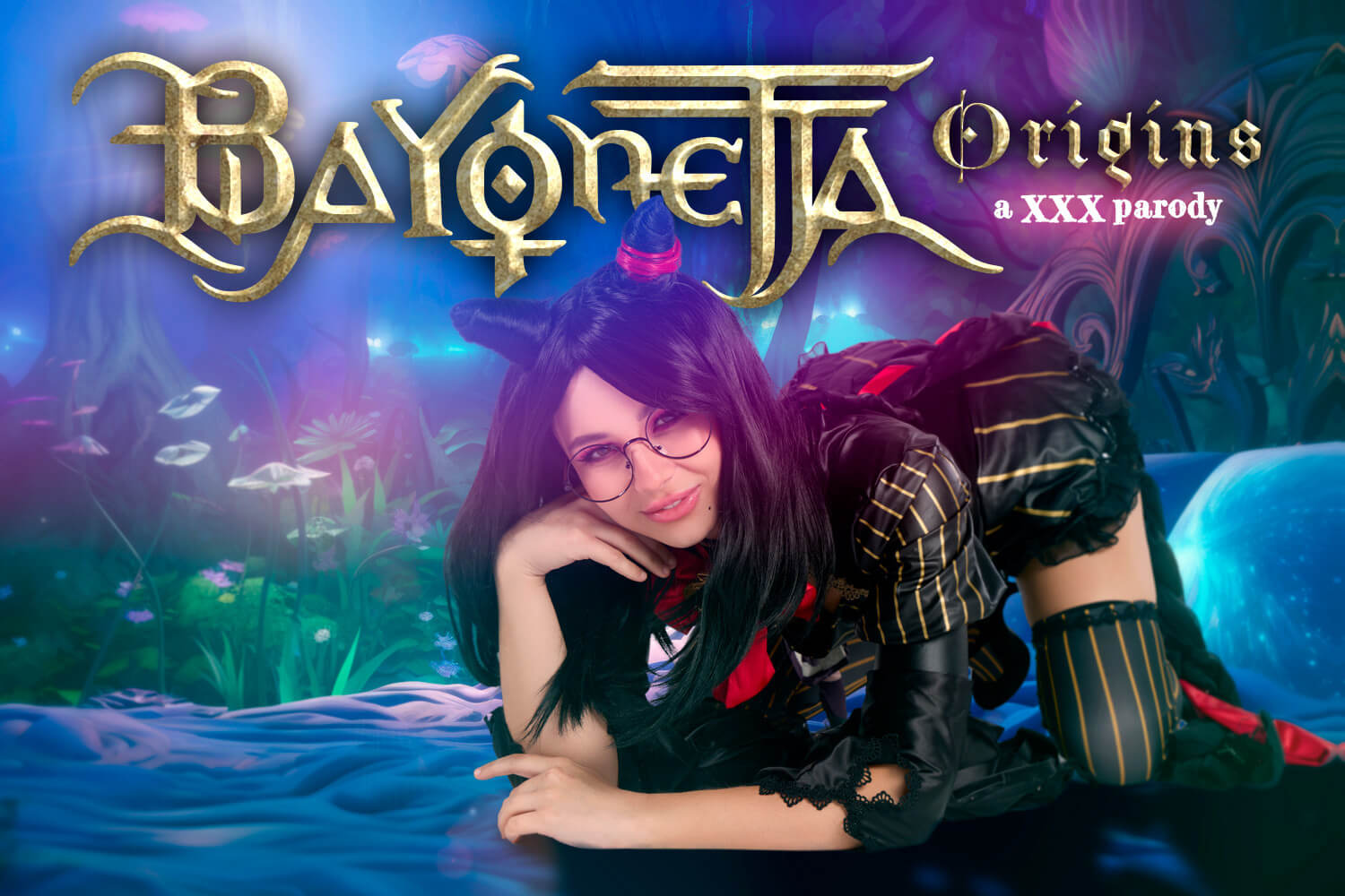 Liz Jordan in a Bayonetta cosplay performs a POV blowjob in a VR adult video shot in 60 FPS with close up angles.