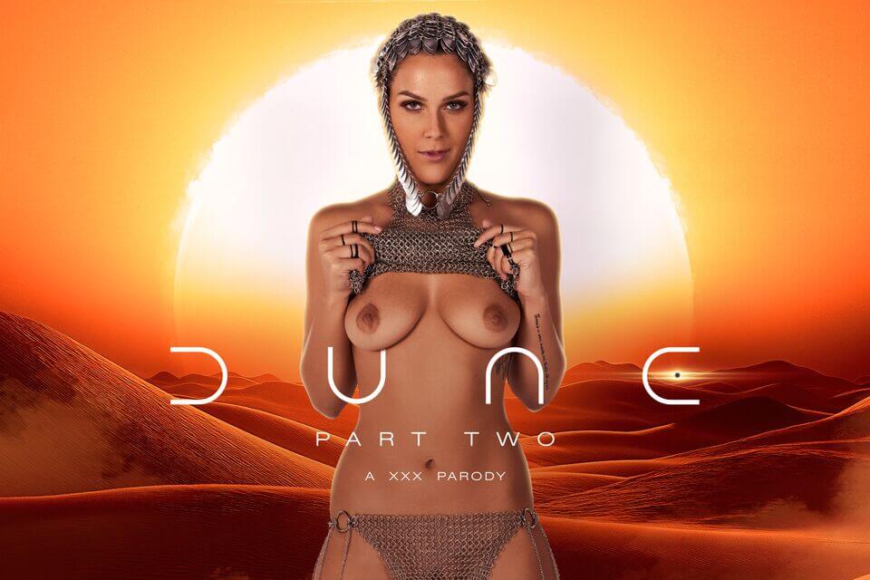 Savvy Suxx performs a close-up POV blowjob in a Dune Part Two parody with medium tits in 60 FPS VR.
