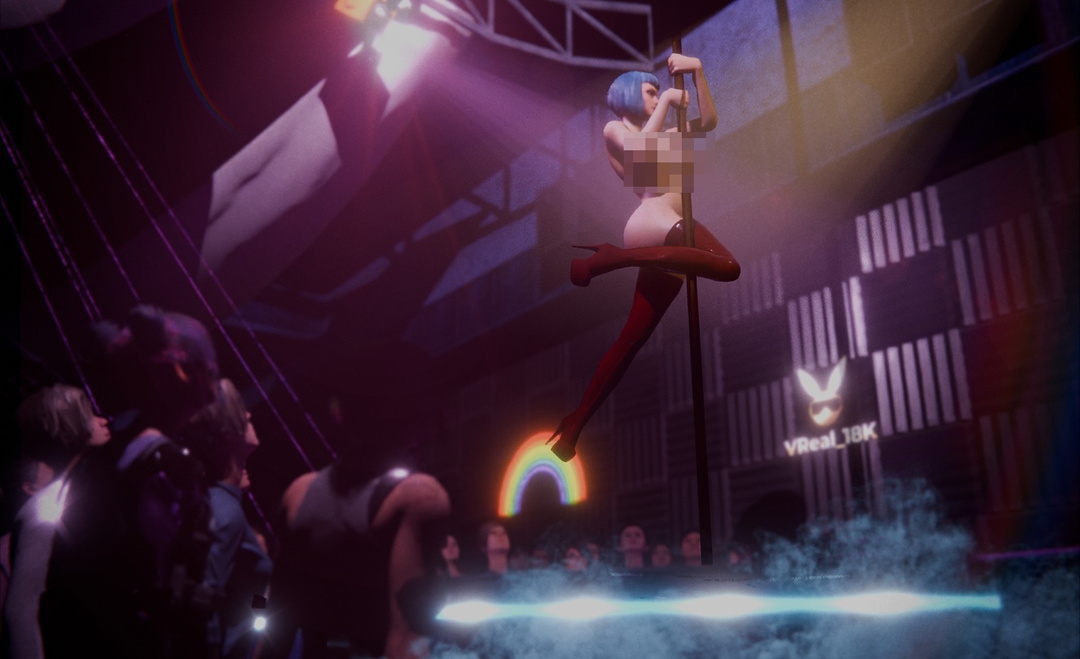 Evelyn Parker performs a pole dance in a Cyberpunk 2077 setting for VReal_18K non POV 6K VR content.