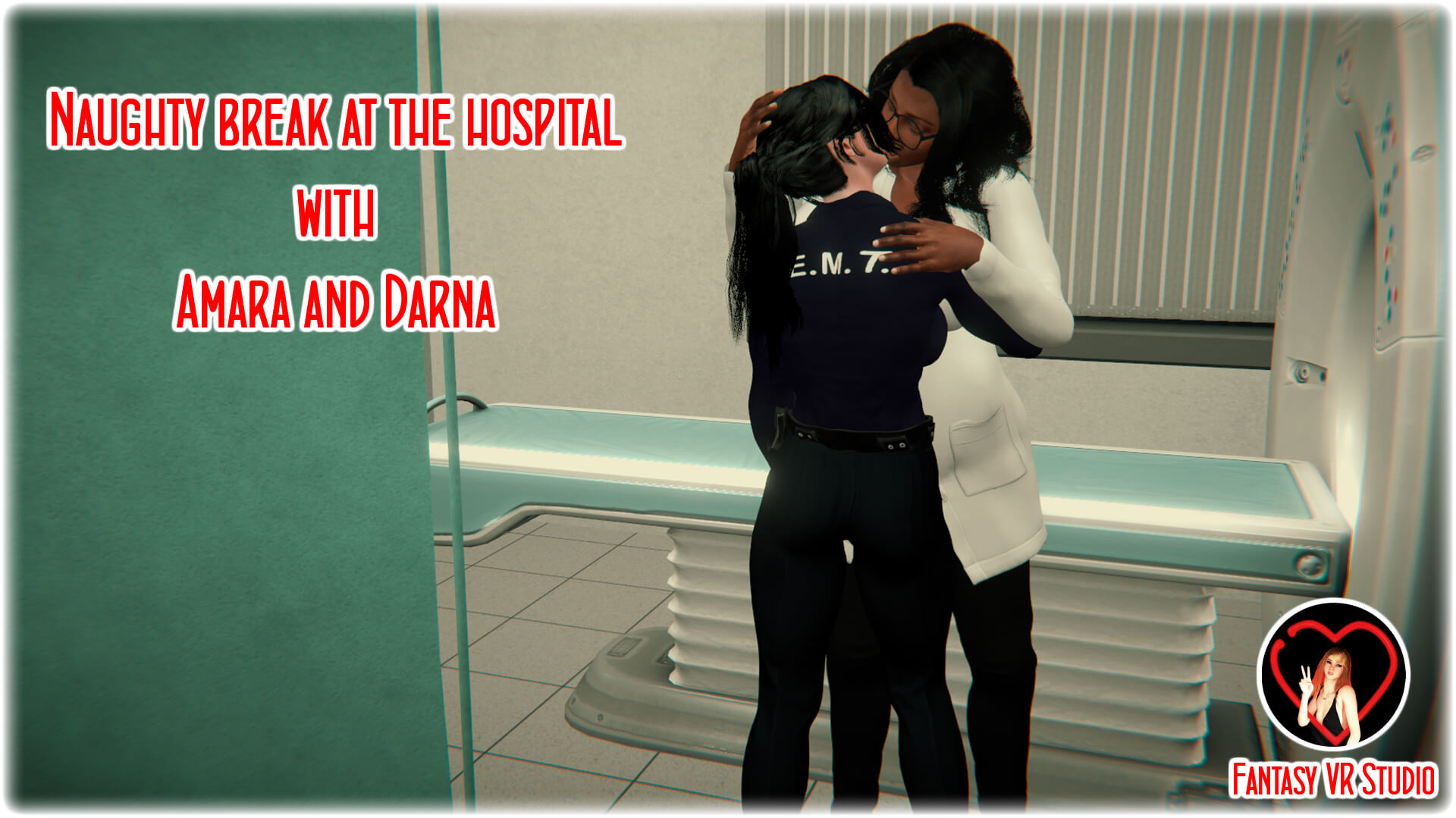 Amara and Darna perform oral sex and kiss in a hospital setting, captured in a close-up non-POV FantasyVR Studio production.