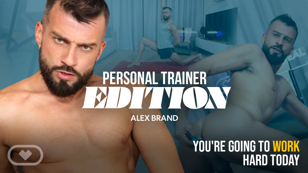 Alex Brand works out solo in a gym setting performing anal sex in this non POV gay VR video produced by VirtualRealGay at 60 FPS.