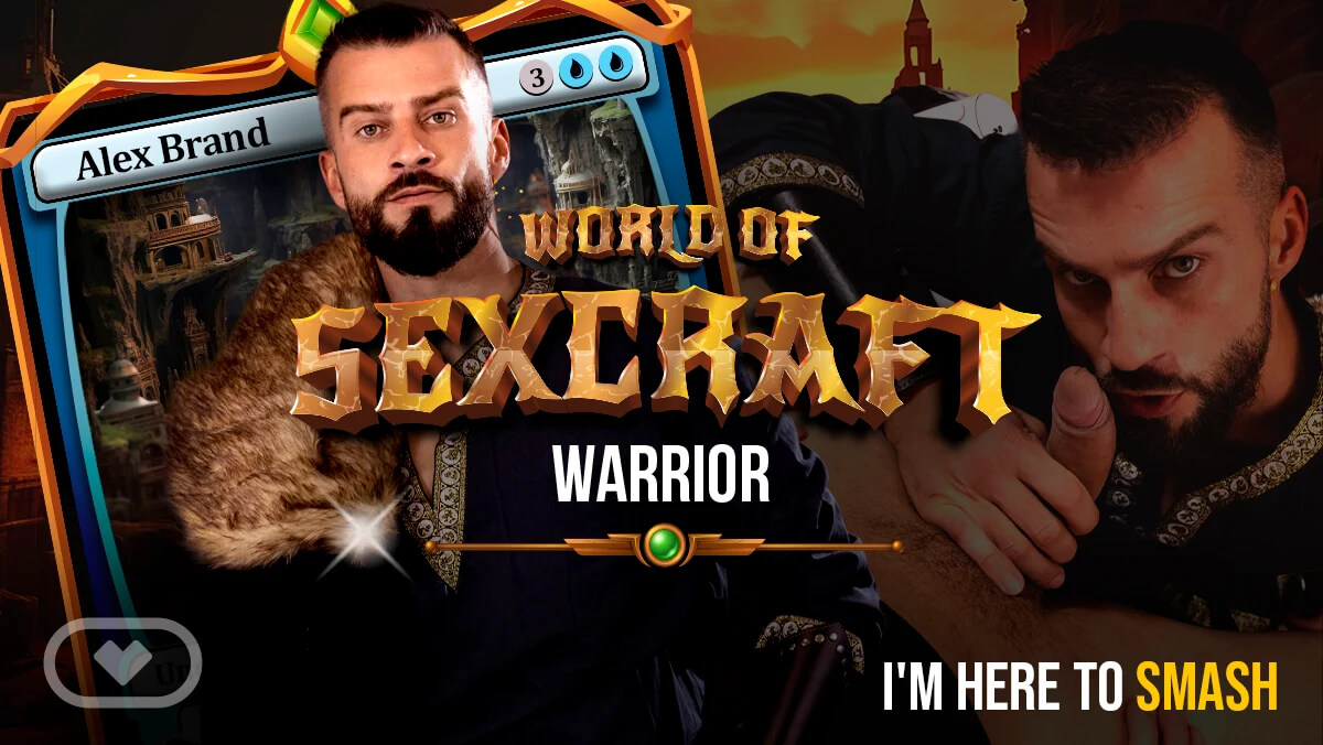 Alex Brand and Bastian Karim pose as warriors in a VirtualRealGay VR cosplay scene featuring anal and POV blowjob footage.