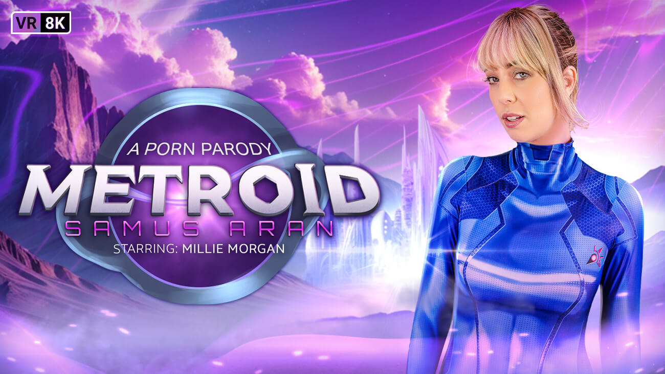 Millie Morgan as Samus Aran performs vaginal sex and a blowjob in a VR Conk POV adult video with close up shots.