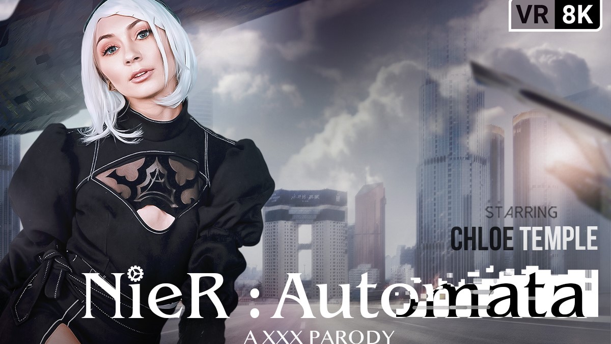 Chloe Temple cosplays NieR Automata in a VR POV scene featuring a 60 FPS animated blowjob in a detailed setting.