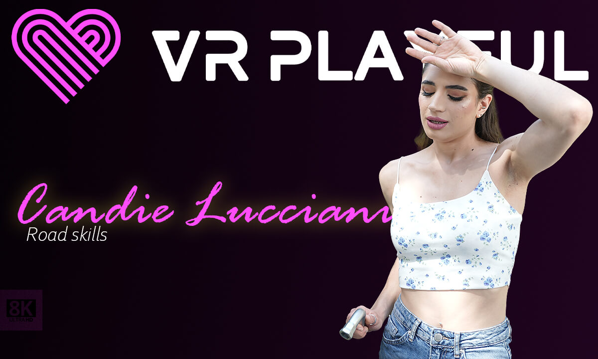 Candie Luciani performs a POV blowjob with dirty talk in an outdoor setting, filmed in high definition VR.