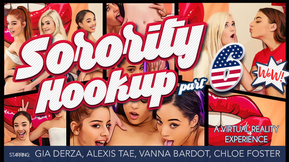 Group sex scene in a sorority house setting featuring multiple participants in a 4K 60 FPS 180 degree VR production by VR Bangers