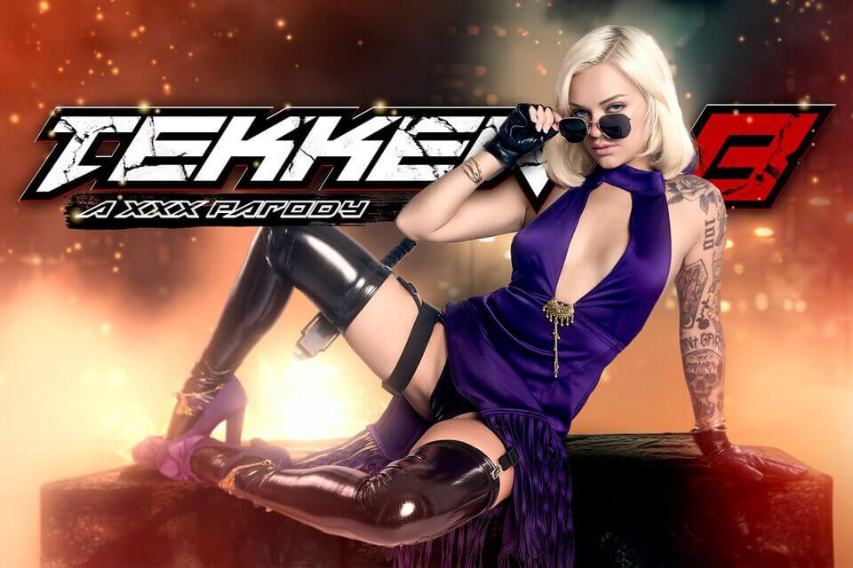 Alex Grey cosplaying Nina Williams performs a close up POV blowjob in Tekken 8 VR parody