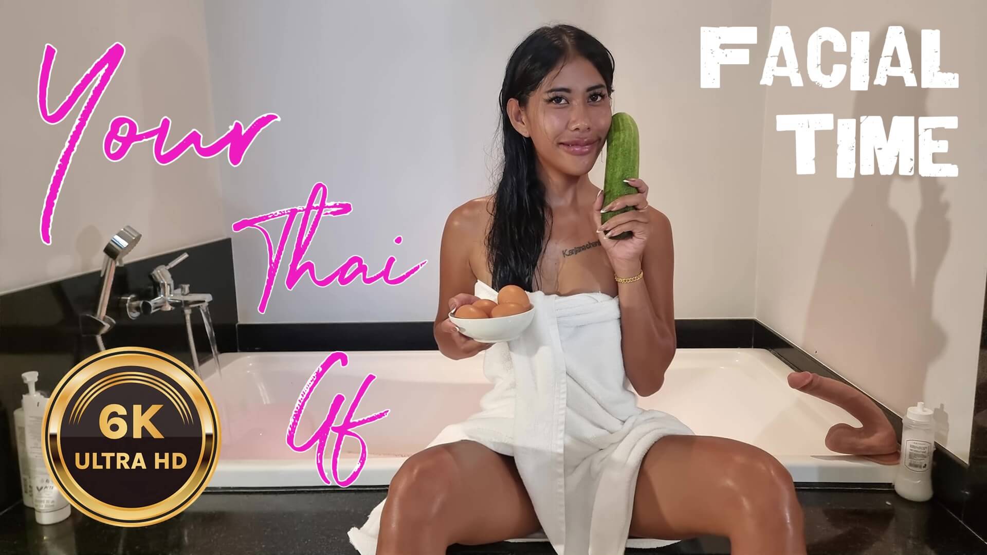 Thai model Kan performs a solo food fetish facial routine in non POV VR with 60 FPS passthrough footage.