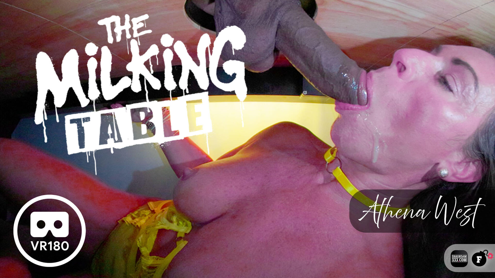 Athena West performs oral sex on a milking table in a VR fetish scene with 60 FPS video quality
