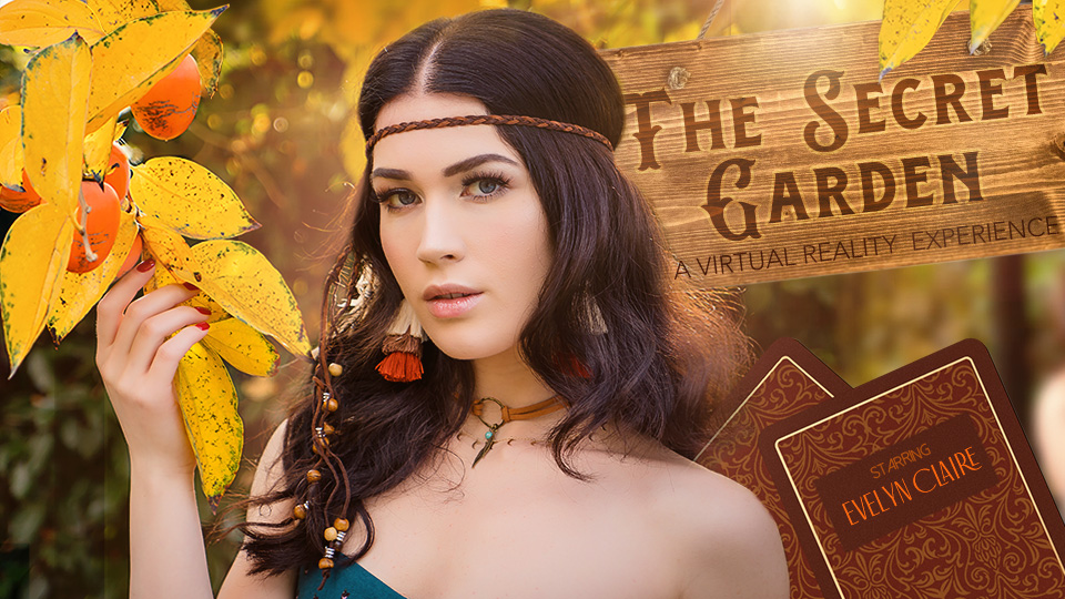 Evelyn Claire performs a POV blowjob in a garden setting, featuring 4K VR passthrough and 60 FPS video.