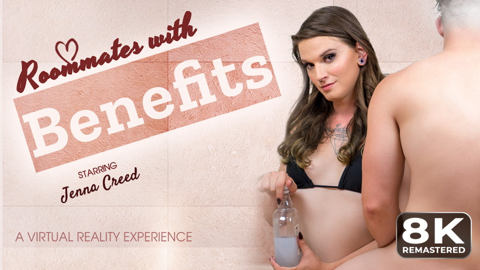 Brunette Jenna Creed performs a spa blowjob in a VR remastered scene with face cum, captured in 180 degrees.