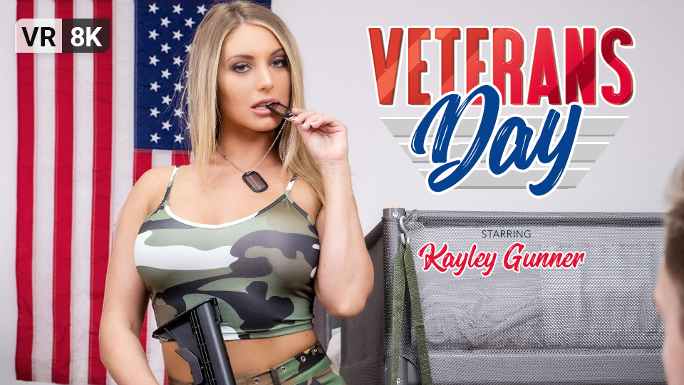 Kayley Gunner performs a POV blowjob in a VR Bangers 4K production with 60 frames per second for Veterans Day.