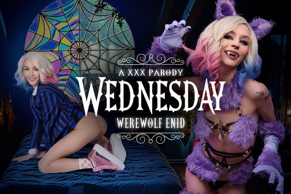 Emma Rosie as Werewolf Enid performs a close up POV blowjob in this 60 FPS adult VR video by VRCosplayX.