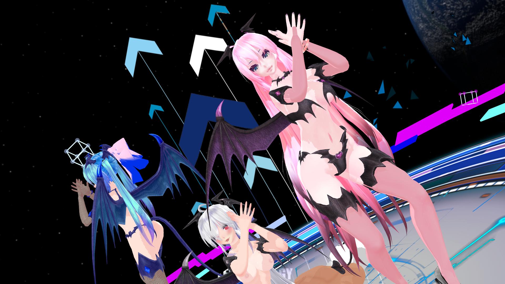 Vocaloid anime character dances in a VR POV scene with big breasts, produced in 4K 60 frames per second by Lewd FRAGGY.