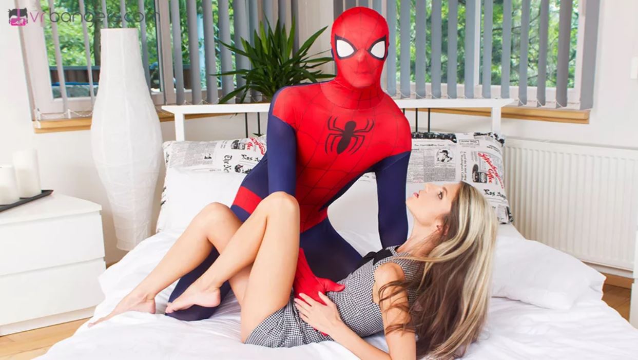 Gina Gerson performs a POV blowjob while kissing in a Spider-Man parody VR video by VR Bangers.