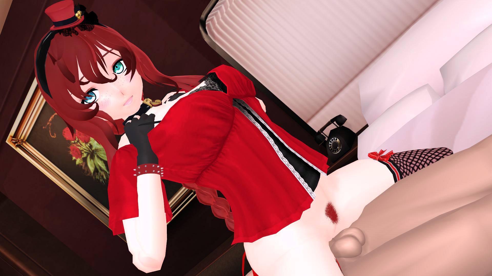 CGI hentai couple engages in romantic intimacy in a dimly lit bedroom, rendered in 4K 180-degree virtual reality.