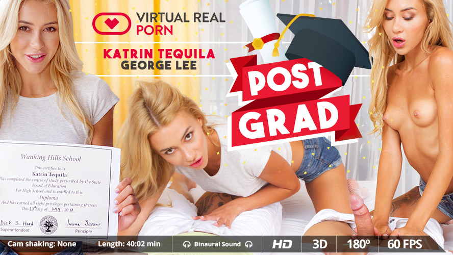 Katrin Tequila performs an anal creampie in a VR POV scene featuring Russian teen student themes in 4K resolution.