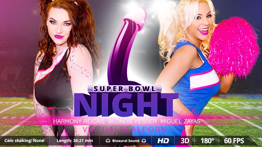 Harmony Reigns, Miguel Zayas, and Blondie Fesser engage in hardcore interracial group sex during a Super Bowl night VR POV scene