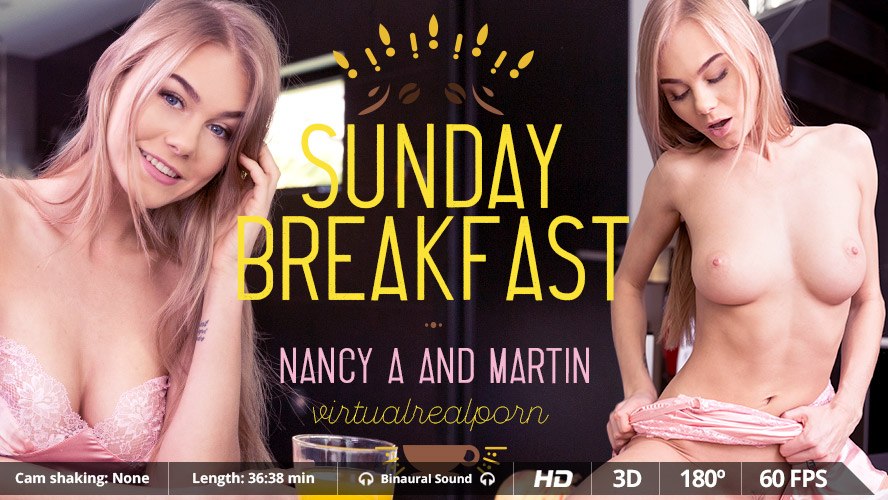 Russian teen Nancy A performs a POV blowjob in a breakfast setting during this 60 FPS VR virtual reality scene.