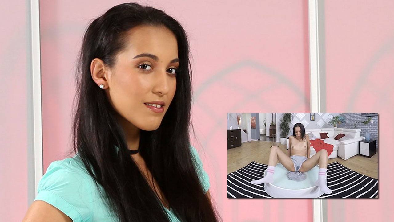 Brunette Amanda Estela performs a solo fetish scene in a damp setting, presented in 4K VR with 60 FPS for VirtualPee.