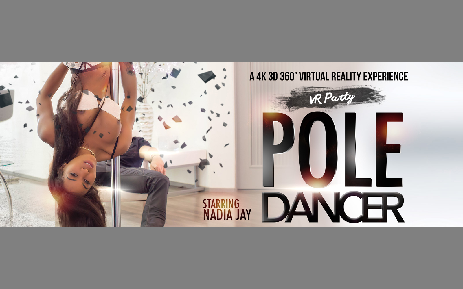 Nadia Jay performs a pole dancing striptease in this VR Bangers POV 4K group sex video featuring MMF action.