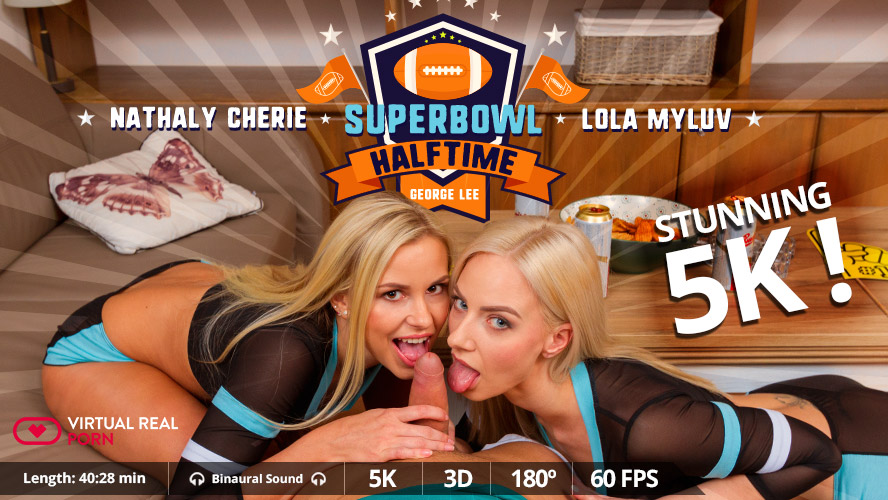 Blonde models Lola Myluv and Nathaly Cherie perform oral sex in a VR studio setting for this 60 FPS adult production.