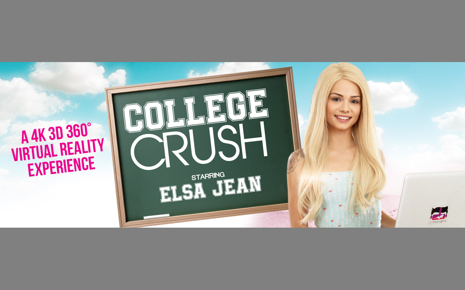 Blonde model Elsa Jean performs solo masturbation in a college setting, presented in 4K VR passthrough footage at 60 FPS.
