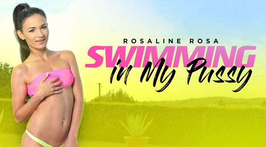 Rosaline Rosa swims outdoors in a backyard during a solo VR scene filmed in 60 frames per second for RealityLovers.
