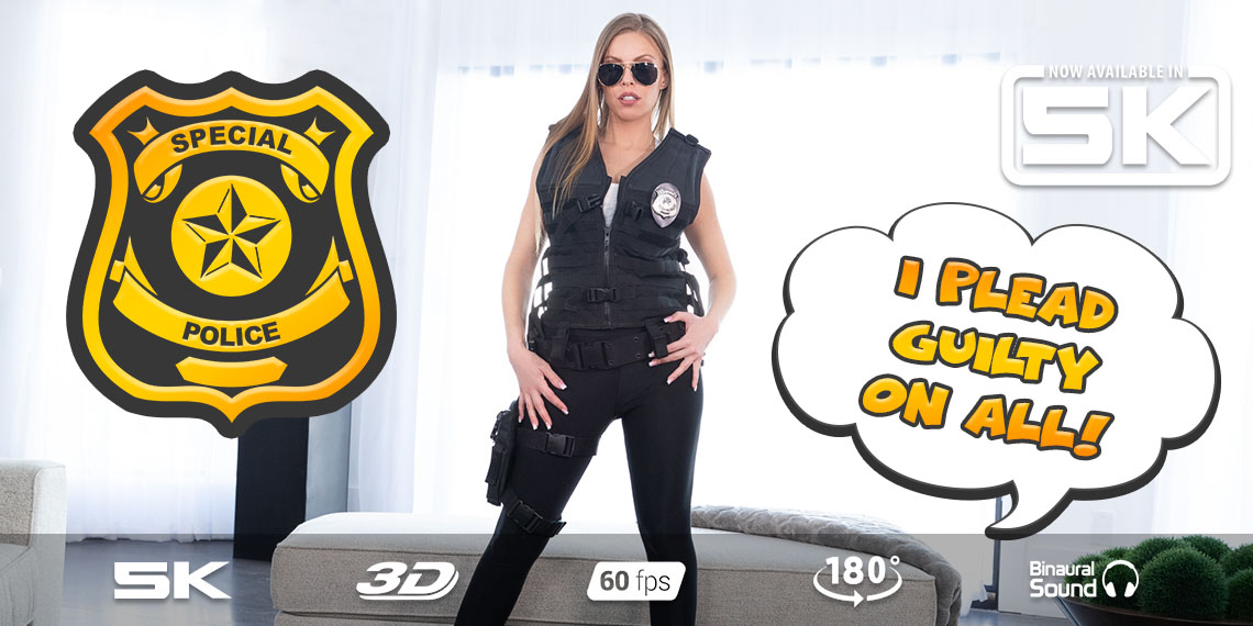 Britney Amber in a police cosplay receives a POV blowjob during a strip search in this 4K VR video