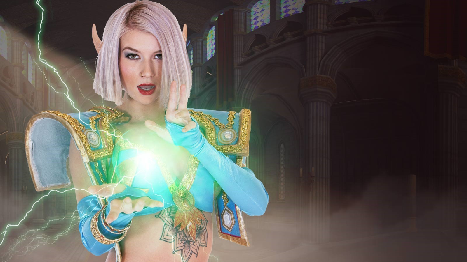 Arya Fae performs a POV blowjob in 4K VR as an enchanting Shadow Priestess in a dark fantasy setting.