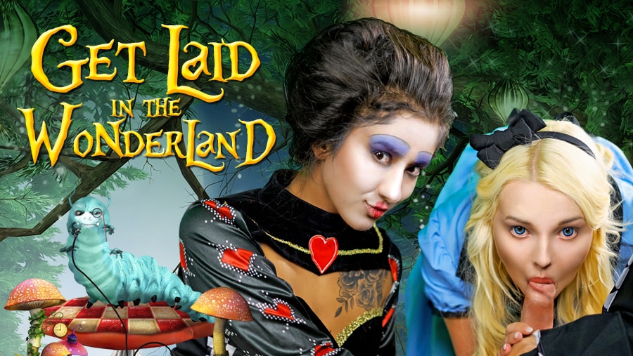 Lovita Fate and Darcia Lee pose as sexy Alice cosplay models in a 4K VR POV scene featuring oral sex and 60 FPS gameplay.