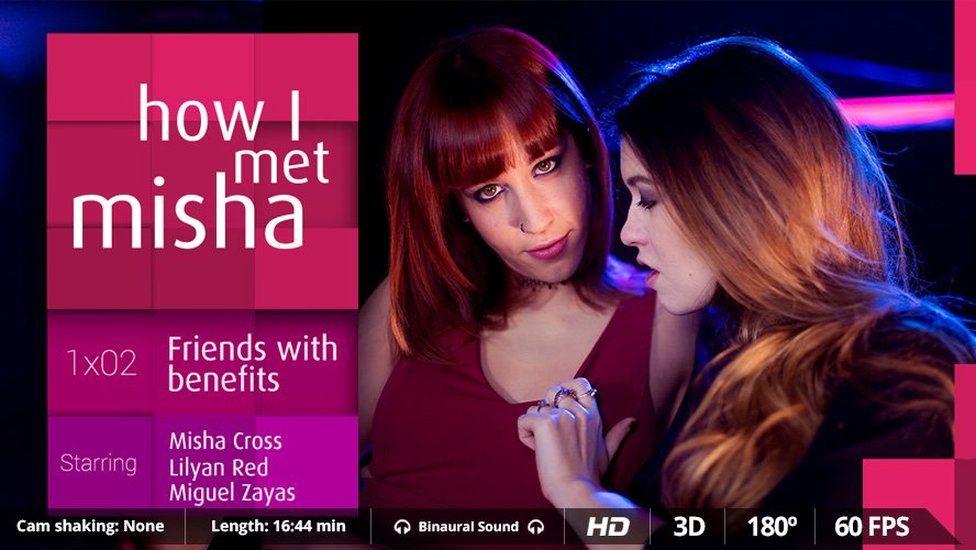 Misha Cross and Lilyan Red perform group sex and anal with Miguel Zayas in a European VR scene.