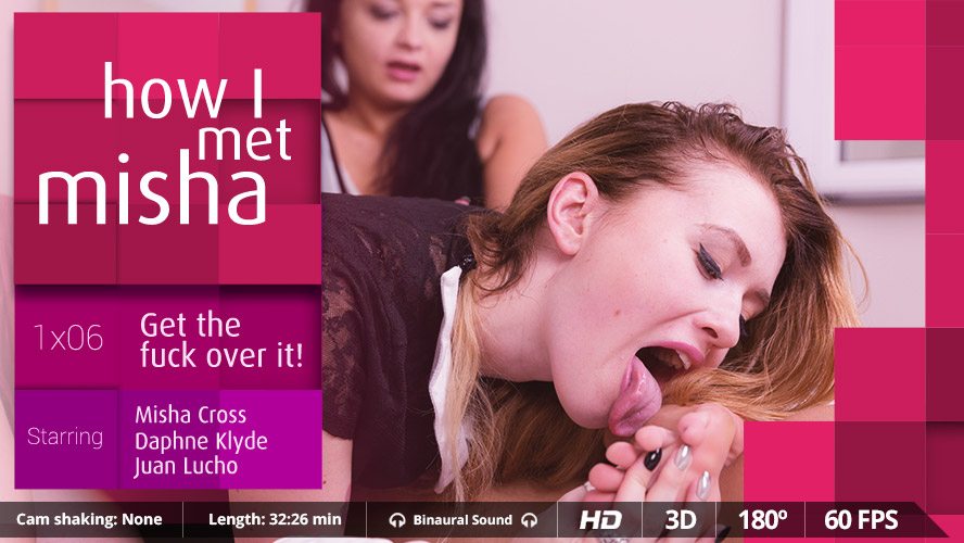 Misha Cross and Daphne Klyde engage in a hardcore Russian threesome POV video featuring 60 FPS VR passthrough and kissing.