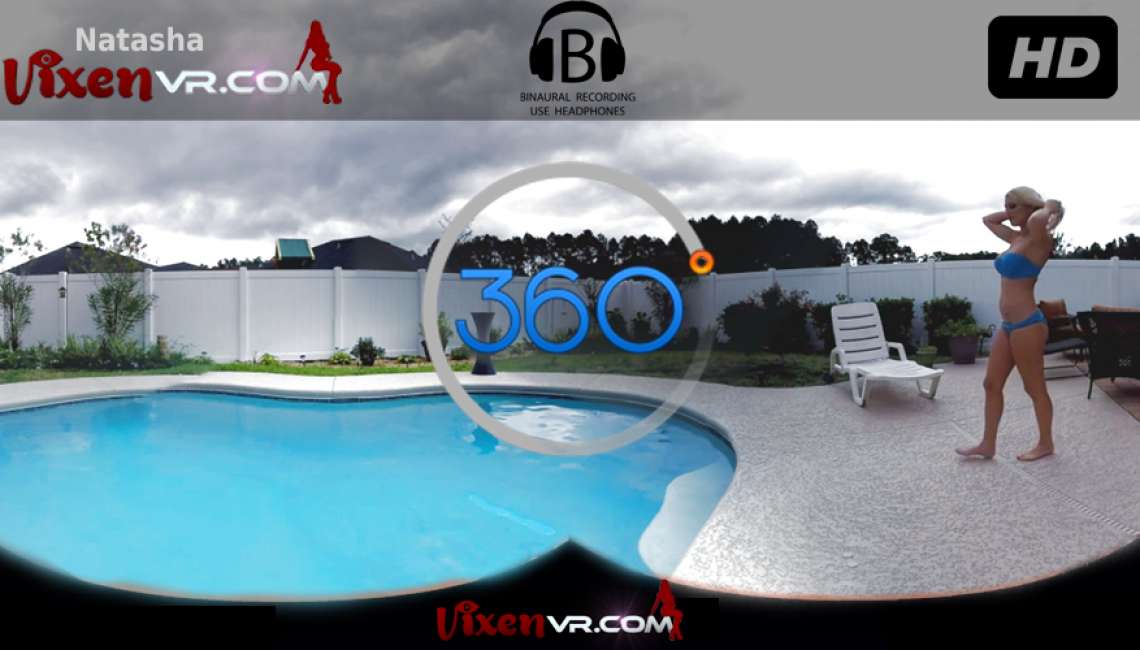 Natasha poses in lingerie by an outdoor pool in this VixenVR 4K solo VR experience