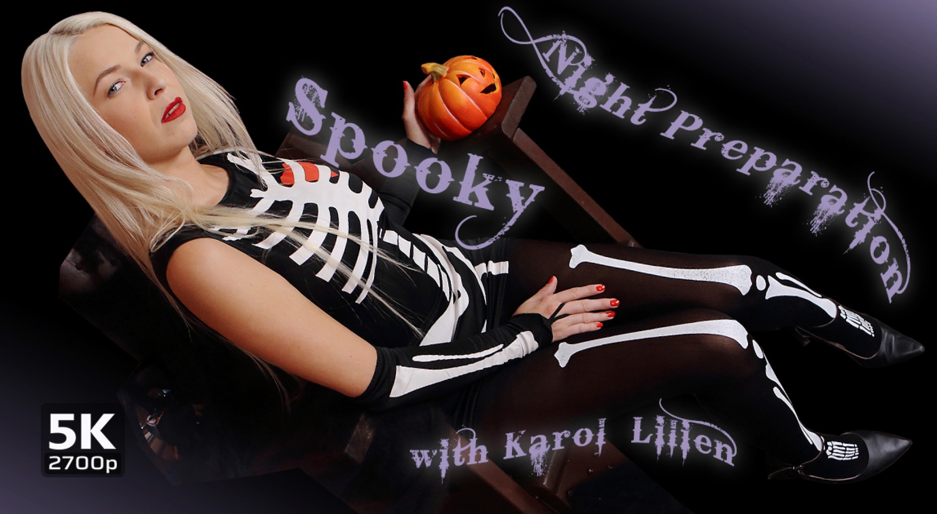 Karol Lilien cosplaying as a spooky pumpkin masturbates in a horror VR scene with 60 FPS quality and premium production values.