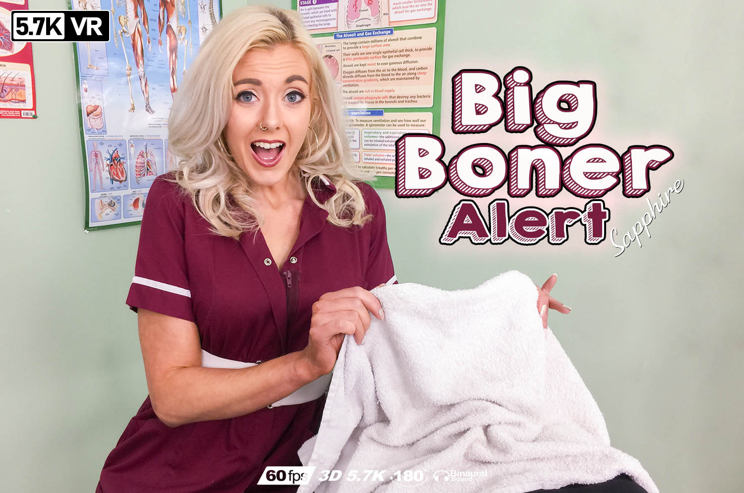 Nurse Sapphire performs a solo blowjob in a clinic setting within this 6K 180-degree VR video.
