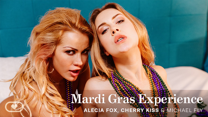 Alecia Fox and Cherry Kiss perform oral sex in a Mardi Gras setting with VR POV, 8K resolution, and 60 FPS.