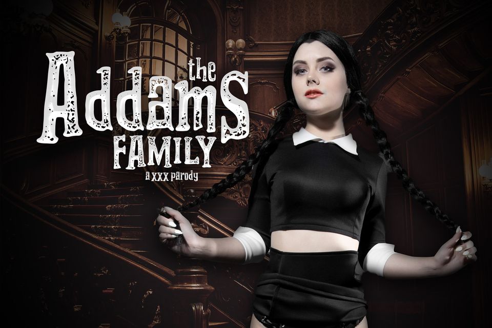 Emily Cutie as Morticia Addams performs a POV blowjob in European cosplay within The Addams Family parody VR video.