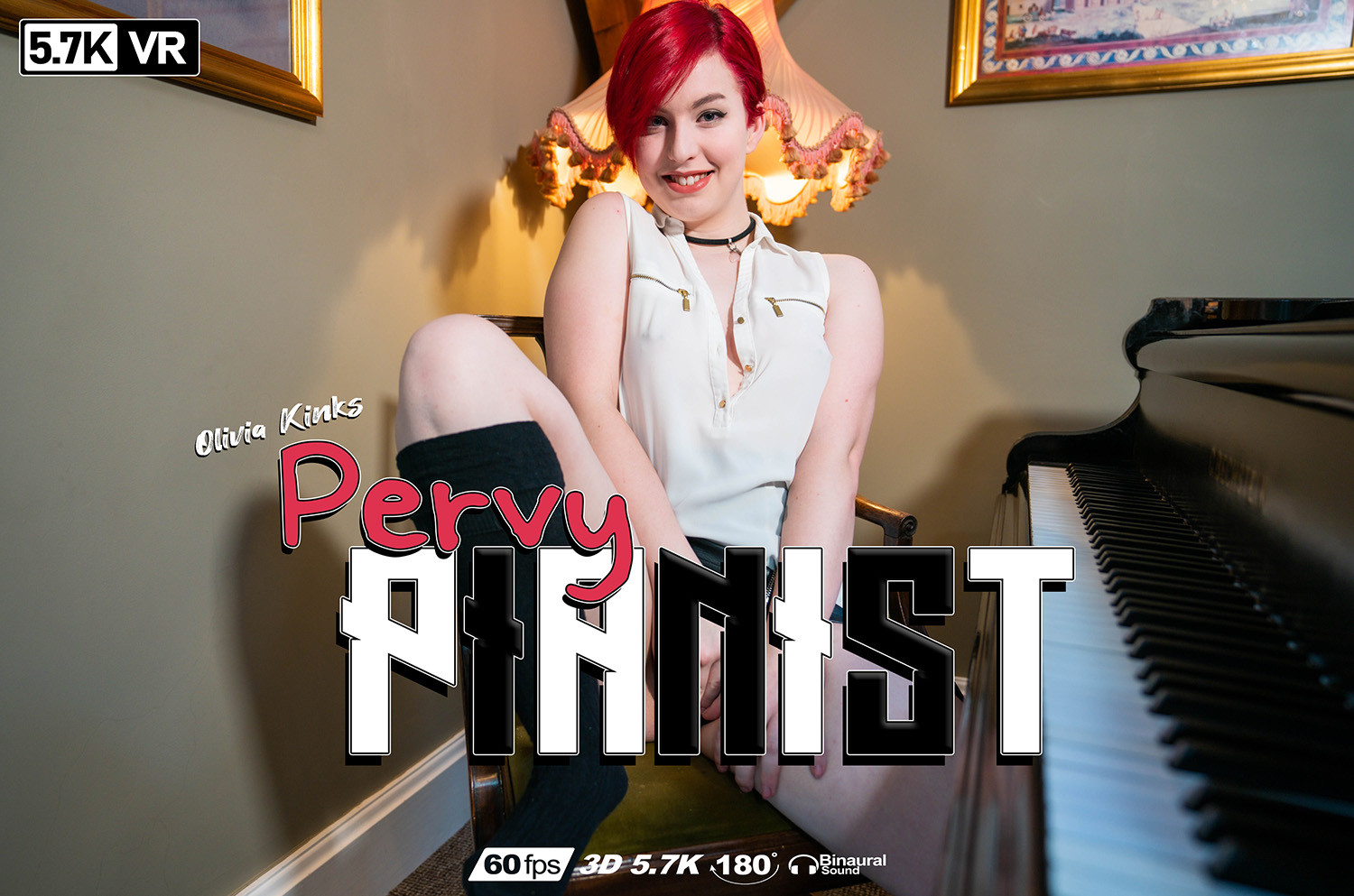 Redhead Olivia Kinks plays piano in a solo 4K VR video by WankitNowVR