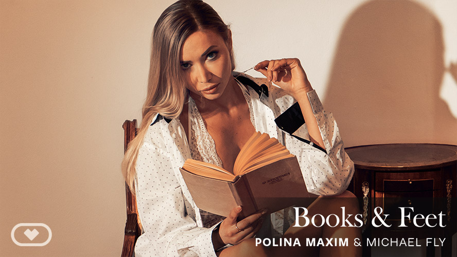 Polina Maxim performs a footjob and blowjob in a library setting during this 60 FPS Virtual Real Porn VR video.