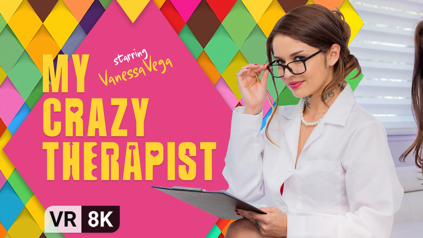 Brunette Vanessa Vega performs a blowjob in lingerie during a VR therapy session in 4K 60fps.
