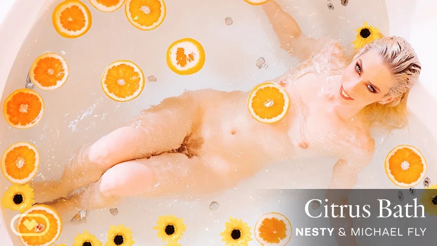 Nesty performs vaginal sex and a blowjob in a citrus bath setting captured in 60 FPS VR POV.