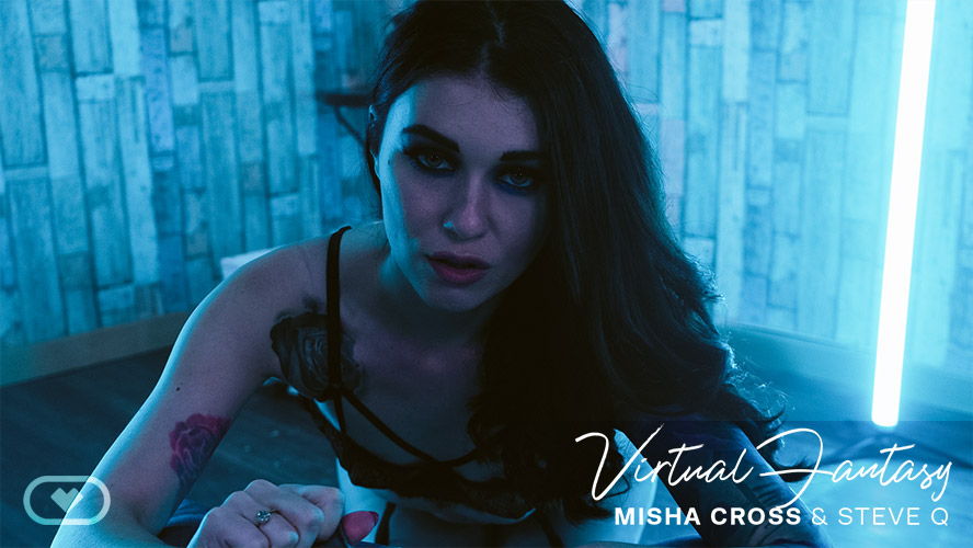 Misha Cross wears a garter belt during a POV blowjob with dirty talk in a European VR fantasy scene