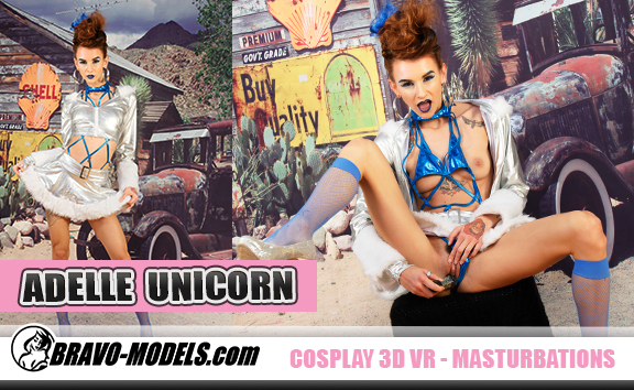 Brunette model Adele Unicorn performs a solo cosplay action in a 4K VR video with 60 FPS premium quality.