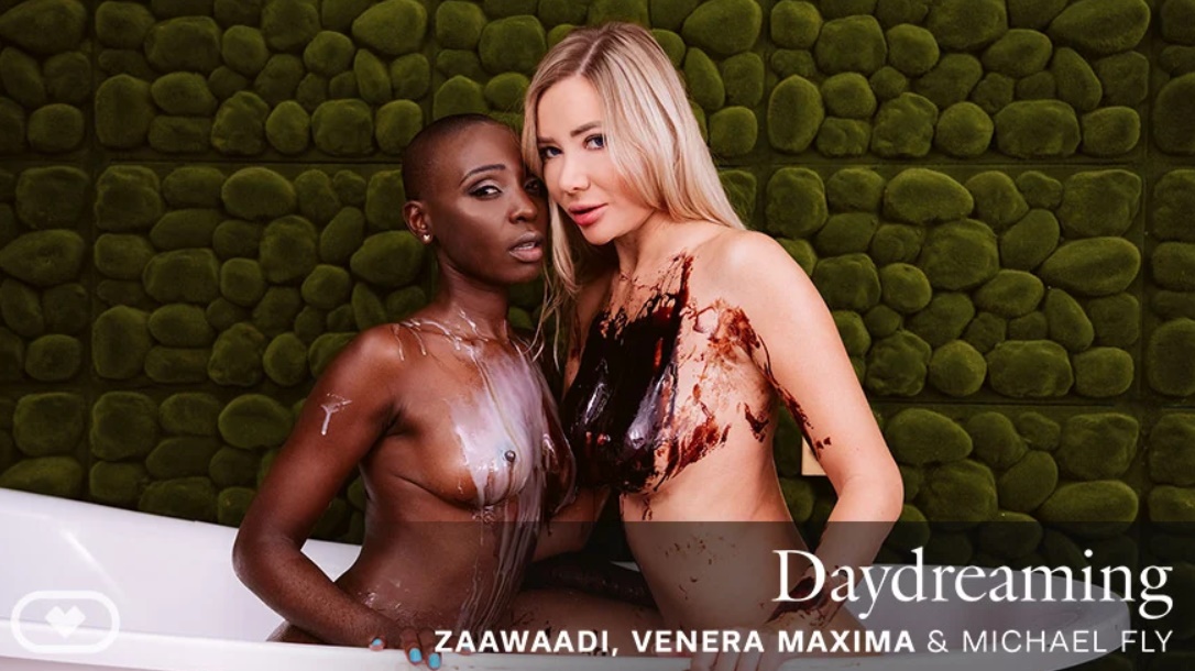 Real Zaawaadi and Venera Maxima perform interracial vaginal sex and blowjobs in this 60 FPS VR POV video with kissing.