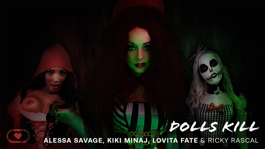 Alessa Savage, Lovita Fate, and Kiki Minaj perform a horror POV gangbang with anal and blowjobs in this VR passthrough scene.